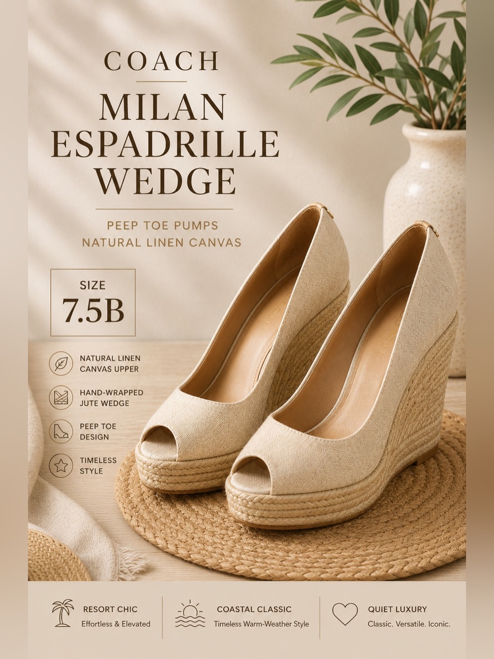 Coach Milan Espadrille Wedge Peep Toe Pumps Natural Linen Canvas Size 7.5B